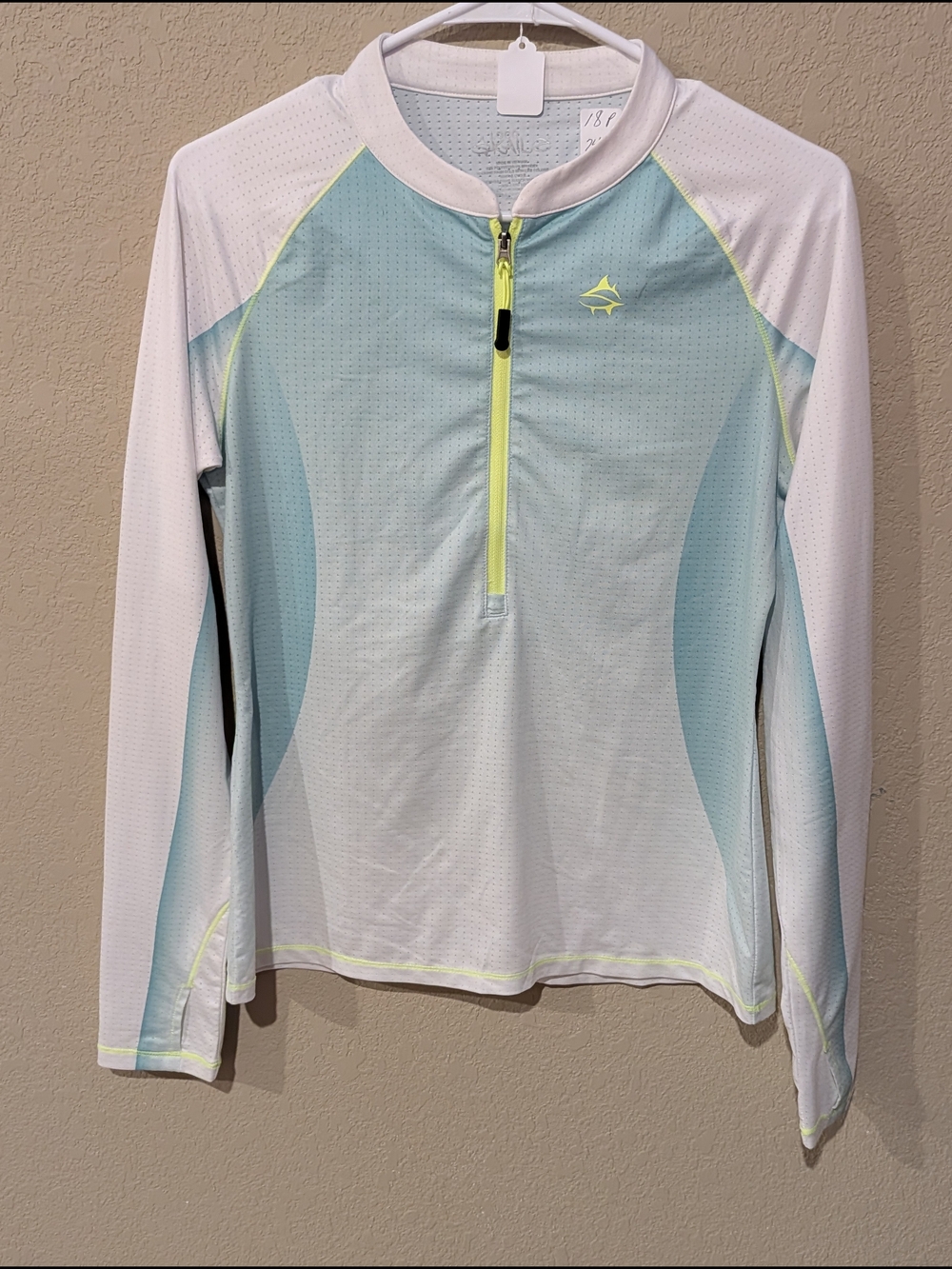 Women’s Long Sleeve Swim Rash Guard - White & Light Blue with Neon Zip Jellyfish